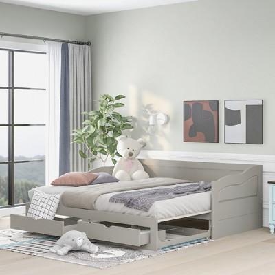 Whisen Modern Design Twin Size Wooden Daybed Extendable Bed with Trundle and Two Storage Drawers