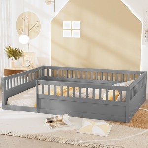 CAVINAS Kids Montessori Bed with Fence,Wood Floor Bed with High Guardrails Design,Twin/Full Size Toddler Bed for Bedroom Playroom,White/Gray/Brown - 1 of 4