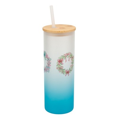 Elanze Designs 25 Ounce Frosted Glass Gradient Travel Tumbler With Straw and Wooden Lid, Christmas Bow Wreaths Sky Blue