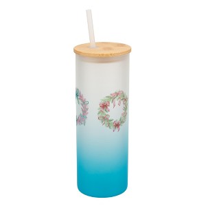 Elanze Designs 25 Ounce Frosted Glass Gradient Travel Tumbler With Straw and Wooden Lid, Christmas Bow Wreaths Sky Blue - 1 of 1