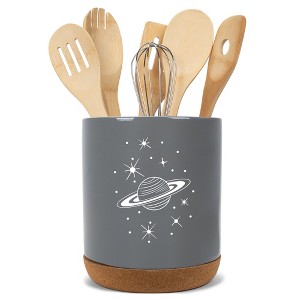 Elanze Designs 8 inch Galactic Stars and Planet Large Ceramic Kitchen Utensil Holder Gray and White Crock with Cork Base - 1 of 4