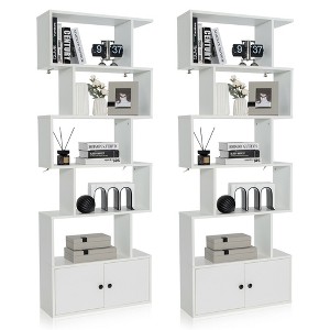 Tangkula 2PCS 6-tier Geometric Bookcase S-shaped Z-shelf Bookshelf Cabinet w/ Doors White - 1 of 4