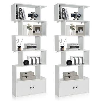 Tangkula 2PCS 6-tier Geometric Bookcase S-shaped Z-shelf Bookshelf Cabinet w/ Doors White