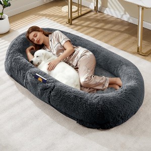 Human Dog Bed with Faux Fur, 65"x41"x12" Egg-Crate Orthopedic Foam, Removable Cover, Handle & Side Pocket for Adults & Pets - 1 of 4