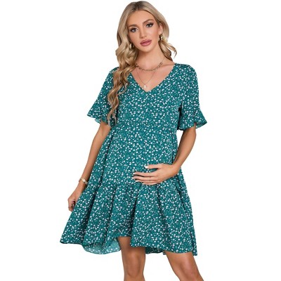 Maternity Dress Womens Casual Babydoll Dress Ruffle Short Sleeve V Neck Floral Printed Flowy Mini Short Tunic Dress