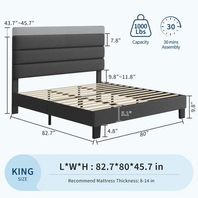 Full Size Bed Frame with Adjustable Headboard, Fabric Upholstered and Wooden Slats Support