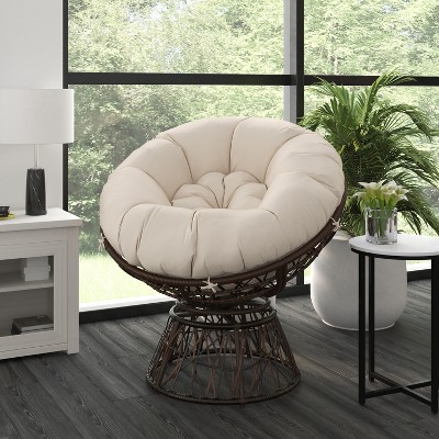 Brown Wicker Swivel Patio Chair with Beige Cushion