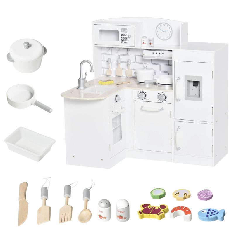 Qaba Kids Play Kitchen Set Pretend Wooden Cooking Toy Set with Drinking Fountain, Microwave, Fridge and Accessories for Age 3 Years, 1 of 9