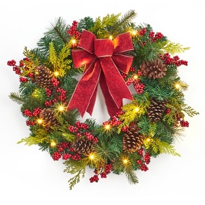 24 Inch Lighted Christmas Wreath for Front Door, Artificial Holiday Wreath with Pine Cones, Berries, 20 LED Lights, Home Decoration, Red Green - 1 of 4