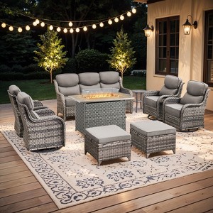 Buenhomino 9-Piece Patio Furniture Set with 41" Fire Pit Table Wicker Rattan Patio Sectional Sofa Set Outdoor Seating Furniture with Thickened Cushion - 1 of 4