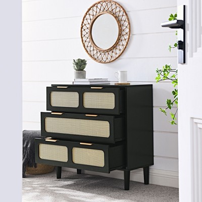KTMBDW 3 Drawer Dresser for Bedroom, Boho Small Rattan Closet Dressers Chest of Drawers with Metal Handlesfor Hallway, Living Room, Entryway
