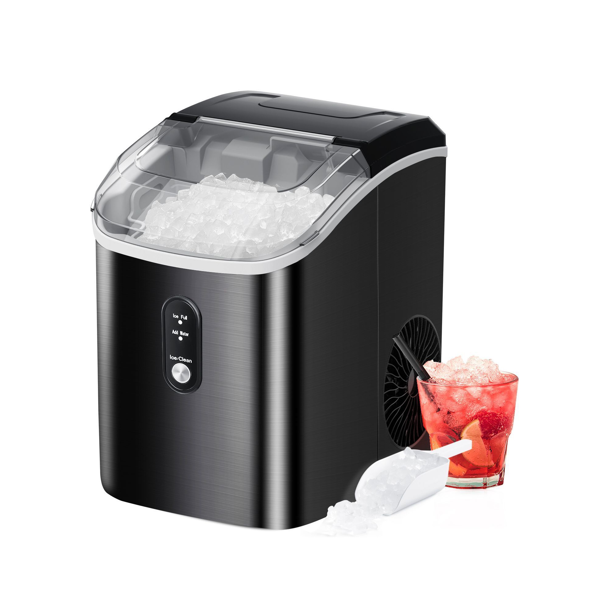 Nugget Ice Makers Countertop, Stainless Steel, 35 lbs/Day, Soft Chewable Pellet Ice, Self-Cleaning, One-Click Operation, Black
