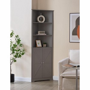 Kings Brand Furniture Tall Wooden Corner Cabinet with 2 doors & 3 shelves—perfect for saving space in the bathroom, kitchen, or living room. - 1 of 4