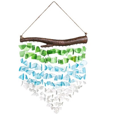 Wind & Weather Handcrafted Recycled Glass Hung From a Metal Branch Ocean Waves Wind Chime