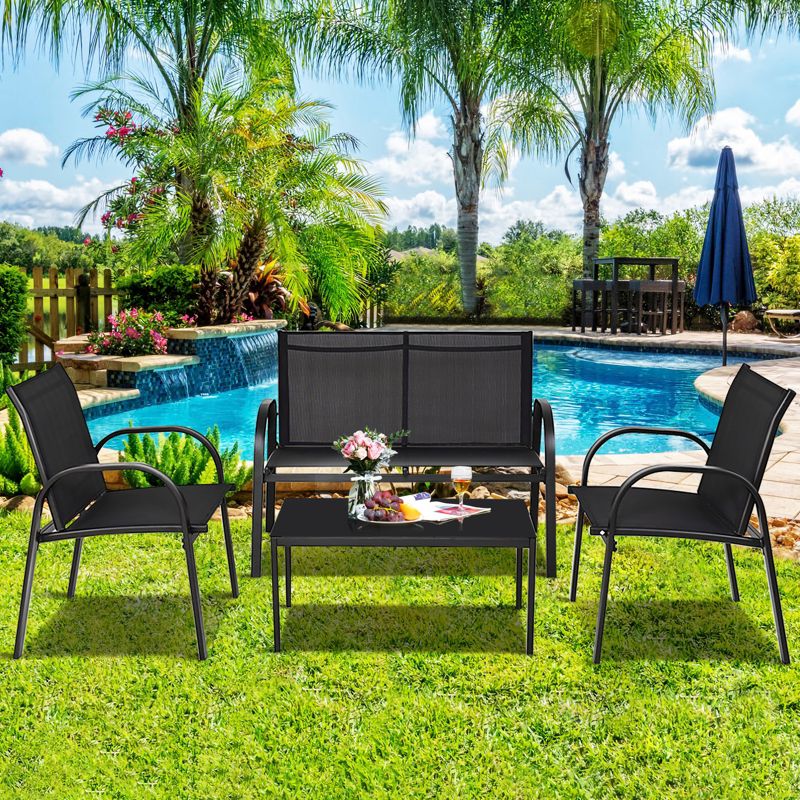Tangkula 4PCS Furniture Set Chairs and Coffee Table Patio Garden Black, 5 of 10