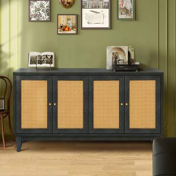 Jamie 59.8" W 4 Rattan Doors Multi-functional Storage Antique Accent  Cabinets with 2 Adjustable Inner Shelf And Pine Legs-Maison Boucle