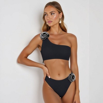 Knit & Lounge Women’s Floral Accent Bikini Set One Shoulder Top High Waist Bottom 3D Rosette Detail Swimwear