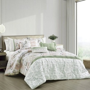 Home Mart Goods 7 Piece White & Green Floral Comforter Set Embroidery Soft Bedding - 1 of 4