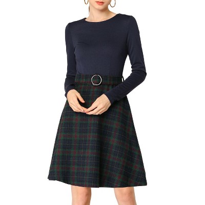 INSPIRE CHIC Women's Long Sleeve Round Neck Plaid Dresses Navy Green X-Small