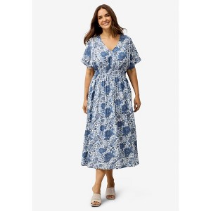 ellos Plus Size V-Neck Elastic Waist Midi Dress - 1 of 4