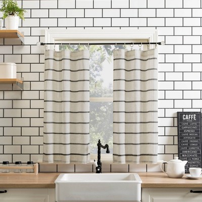 Black and Beige Linen Blend Twill Stripe Sheer Kitchen Curtain Pair