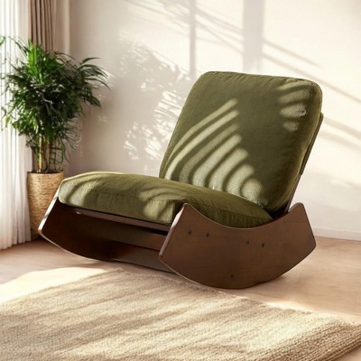 Alilang 35.40 inches Modern Rocking Chair with Green Corduroy Cushion and Wooden Frame-Green