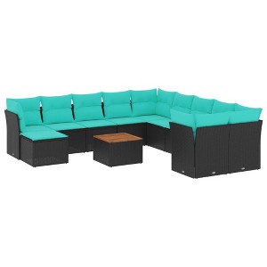 vidaXL 12 Piece Patio Sofa Set with Cushions Black and Blue Poly Rattan - 1 of 4