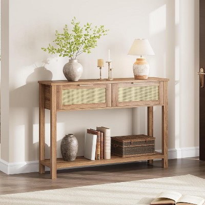 Rattan Console Table with 2 Drawers, Wooden Entryway Table with Rattan Sliding Door