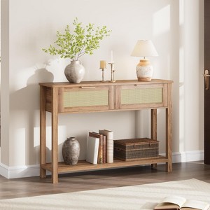 Rattan Console Table with 2 Drawers, Wooden Entryway Table with Rattan Sliding Door - 1 of 4