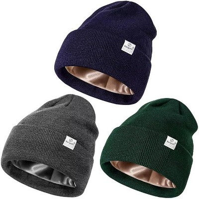 SENPUKI 3 Pack Satin Lined Winter Beanie Hats for Women Men,Silk Lined Beanie Knit Soft Warm Cuffed Hat