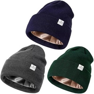 SENPUKI 3 Pack Satin Lined Winter Beanie Hats for Women Men,Silk Lined Beanie Knit Soft Warm Cuffed Hat - 1 of 1