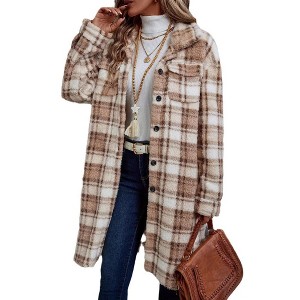 Coolmee Women's Flannel Plaid Shirts Long Sleeve Lounge Lapel Button Down Tartan Long Jacket Coats - 1 of 4