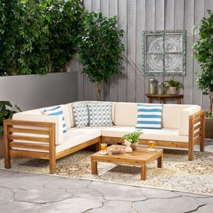 Christopher Knight Home Cynthia Patio Acacia Wood L Shape Upholstered 5-Seater Sectional Sofa Set with Coffee Table - 1 of 4