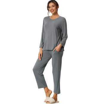 cheibear Women's Long Sleeve Pajama Set Sleepwear Soft Modal Round Neck Shirt and Long Pants Nightwear