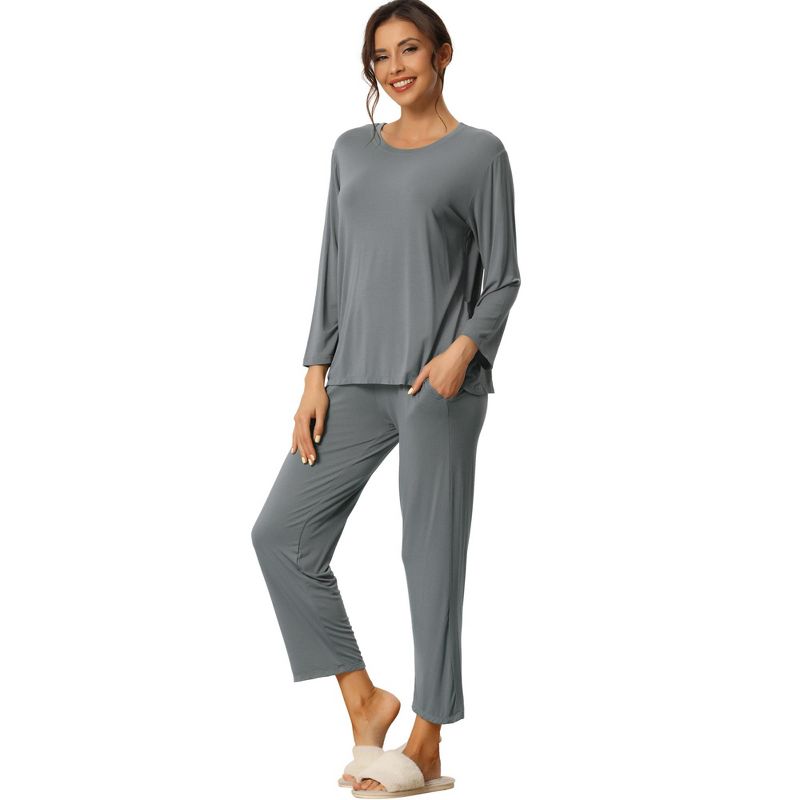 cheibear Women's Long Sleeve Pajama Set Sleepwear Soft Modal Round Neck Shirt and Long Pants Nightwear, 1 of 6