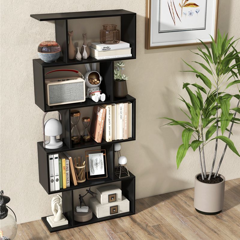 Tangkula 5-Tier Geometric Bookshelf Wooden Decorative Display Shelf w/Large Capacity Freestanding S-shaped Bookcase Black/White/Rustic Brown, 2 of 7