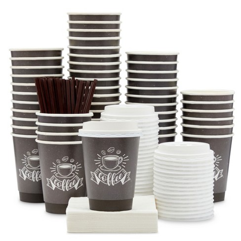 Disposable Paper Coffee Cups - Insulated - with Lids and Sleeves (50, 12 oz)