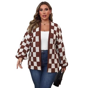Women's Plus Size Fall Casual Color Block Loose Sweater Cardigan Open Front Shirt Top - 1 of 4