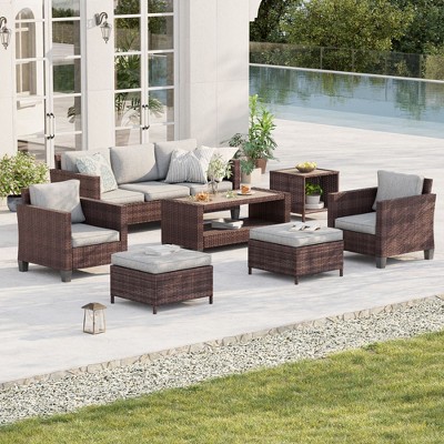 Sonkuki 7-Piece Patio Conversation Set Outdoor Wicker Rattan Furniture Set with Coffee and Side Table, Ottoman and Cushion