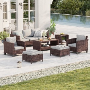 Sonkuki 7-Piece Patio Conversation Set Outdoor Wicker Rattan Furniture Set with Coffee and Side Table, Ottoman and Cushion - 1 of 4