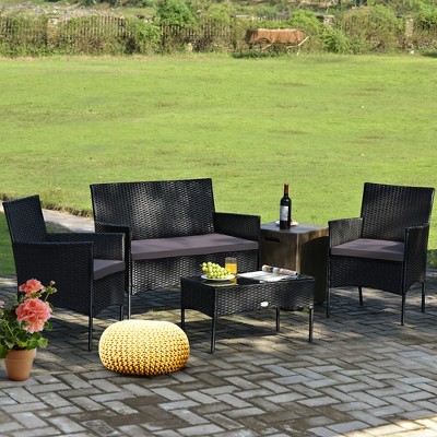 Gray and Off-White 4-Person Rattan Outdoor Sofa Set with Tempered Glass Table