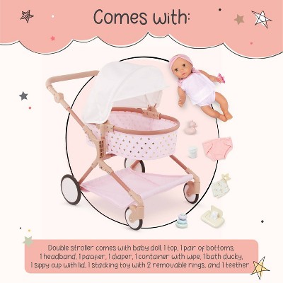 LullaBaby Pink and Beige Doll Stroller Set with Golden Stars