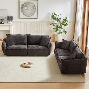 3+3 Seater Linen Combo Sofa with 4 Pillows & Durable Wooden Frame (Neutral Aesthetic) - 1 of 4