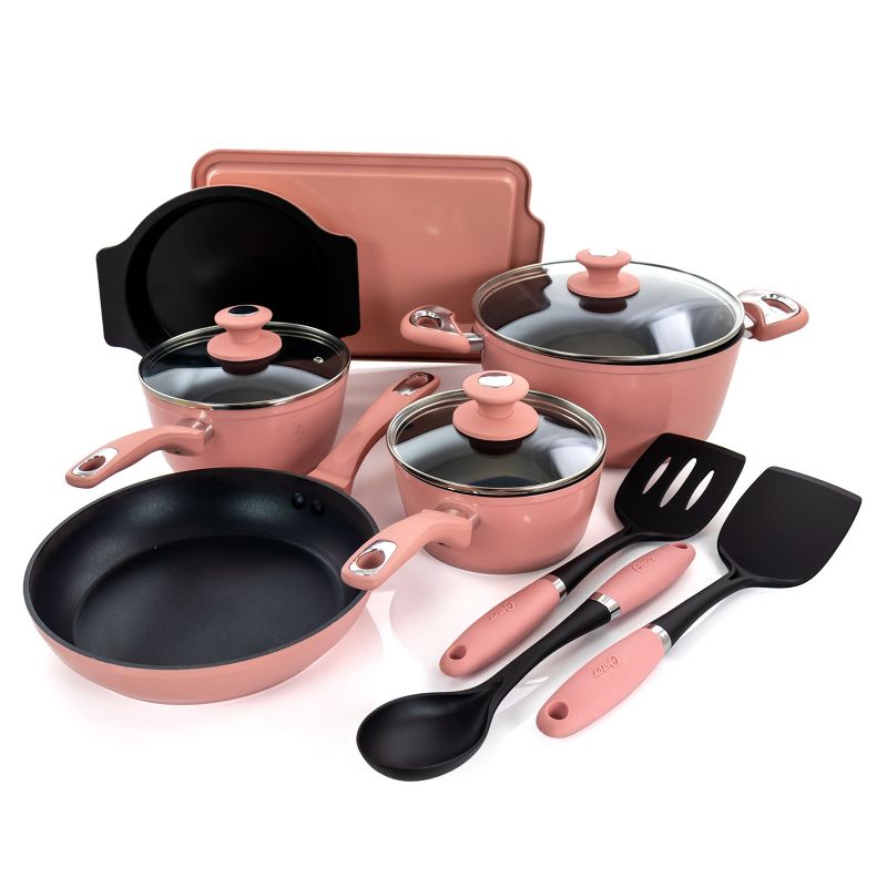 Oster Lynhurst 12 Piece Nonstick Aluminum Cookware Set in Pink with Kitchen Tools, 4 of 14