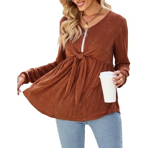 Women's Long Sleeve Front Knot Tops V Neck Ruffle Hem Casual Shirt Zip Up Flowy Blouses - 1 of 4