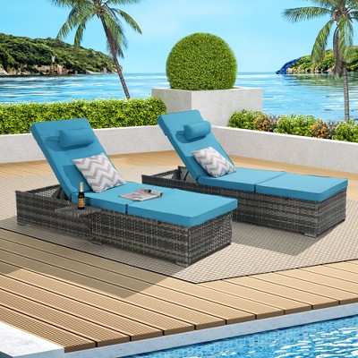 Okak 2-Piece Outdoor Wicker Chaise Lounge Set with Adjustable Back,All-Weather PE Rattan Lounger with Cushions for Backyard,Garden,Beach