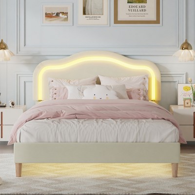 Twin/Full/Queen Size Velvet Upholstered Platform Bed, Smart LED Bed Frame with Adjustable Height Headboard - ModernLuxe