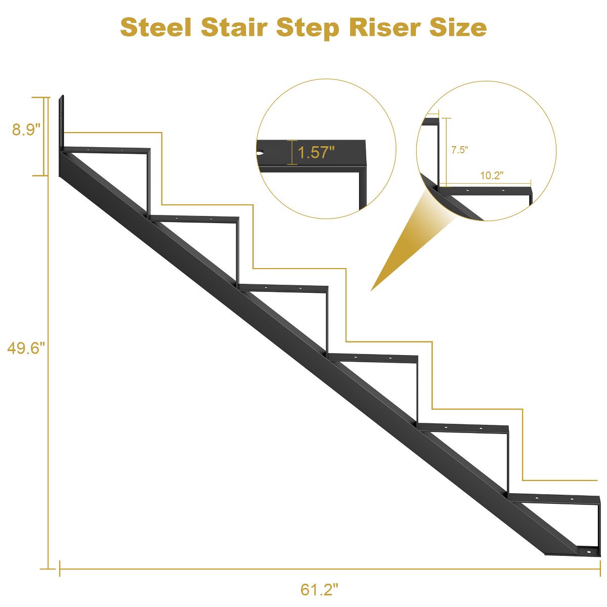 2 Pack Steel Step Stair Riser, 6 Step Stair Stringer for Deck Height 49.6 in, Heavy Duty Metal Stair Step Riser for Outdoor Steps and Outdoor Stairs - thumbnail 5