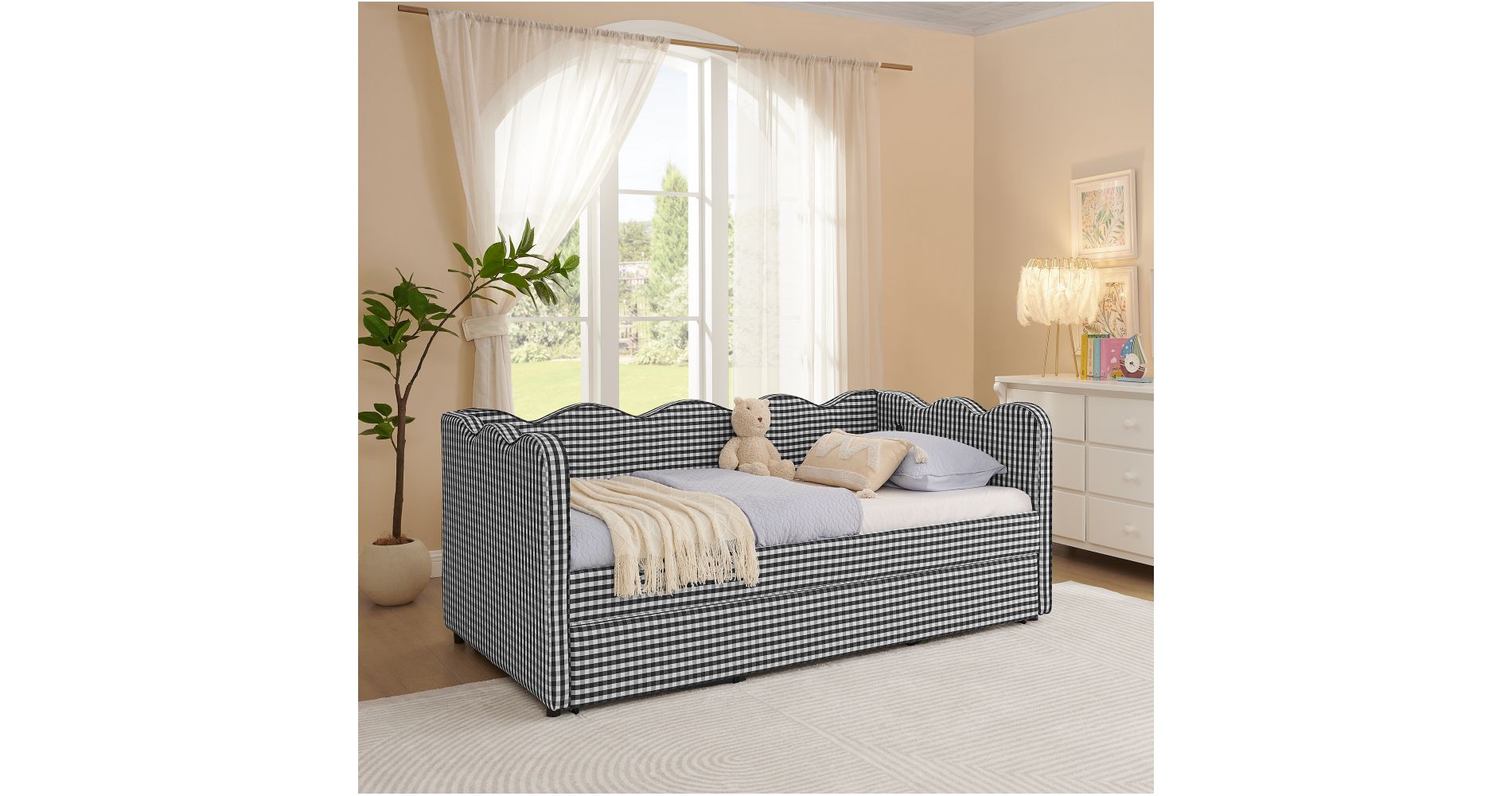 Zeus & Ruta Twin Daybed with Trundle & Wavy Headboard