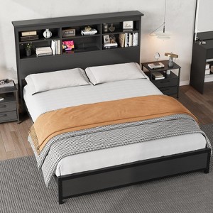 Bed Frame with Tall Wooden Bookcase Headboard and Dual Shelves, Under Bed Storage Space, No Box Spring Needed, for Bedroom - 1 of 4